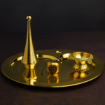 GGS German Silver Pooja Aarti Thali, Lamp, Incense Stick Holder, Set of 4 for Home Puja Room, Décor, Festivals and Religious Ceremonies
