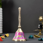GGS Handcrafted German Silver Fancy Engraved Peacock Pink Hand Bell For Pooja Room and Home Decor